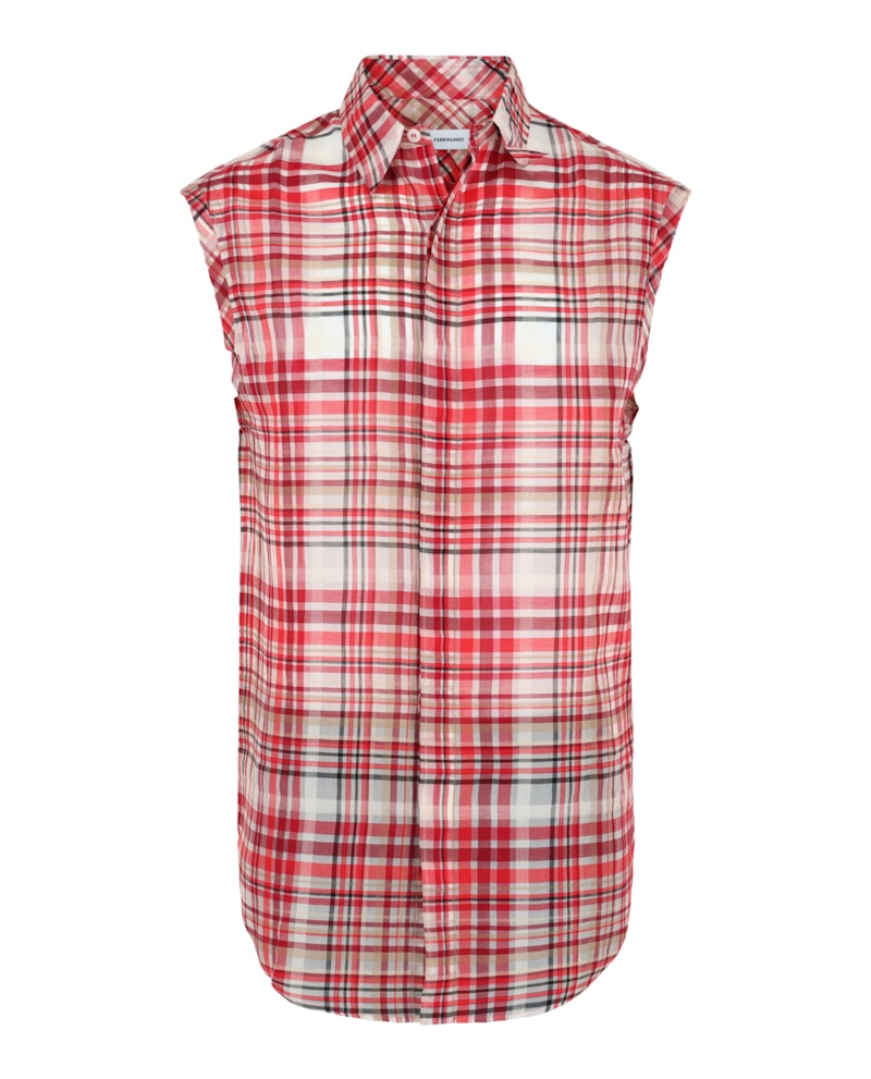Pre-owned Ferragamo Men's Plaid Print Sleeveless Shirt In Red White In Multi