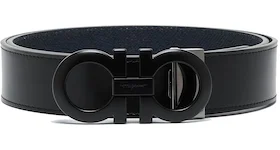 Ferragamo Reversible And Adjustable Gancini Belt Grained Black/Navy Blue