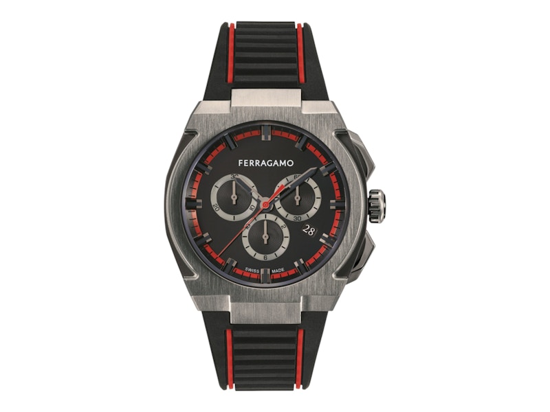 Pre-owned Ferragamo Men's  Supreme Chrono Silicone Sfk200323 Watch In Stainless Steel In Silver