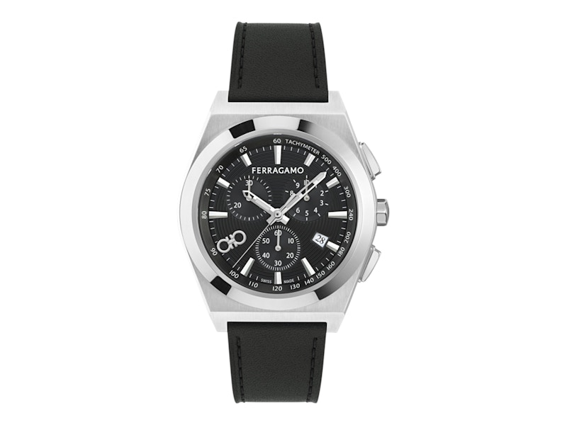 Pre-owned Ferragamo Men's  Vega Upper East Chrono Leather Sfva00124 Watch In Stainless Steel In Silver