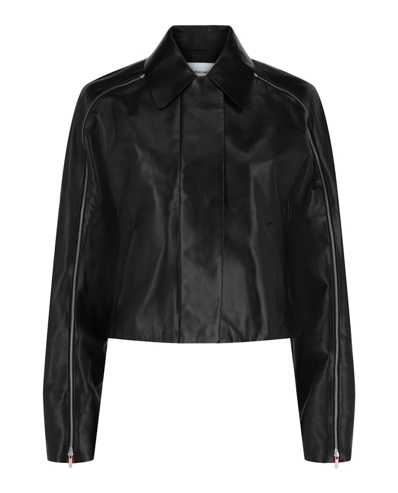 Pre-owned Ferragamo Women's  Zipdetail Cropped Leather Jacket In Black