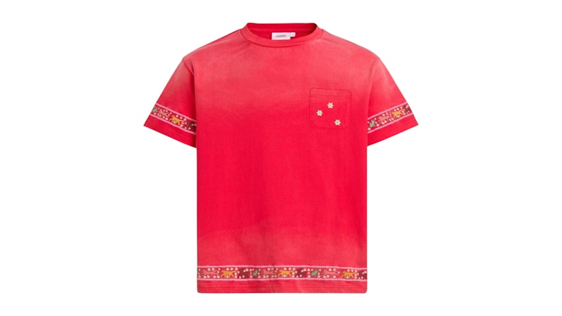 Found Embroidered Flower Border Tee Red