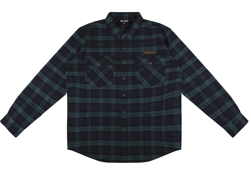 Full Send Gold Script Plaid Flannel Blue/Green