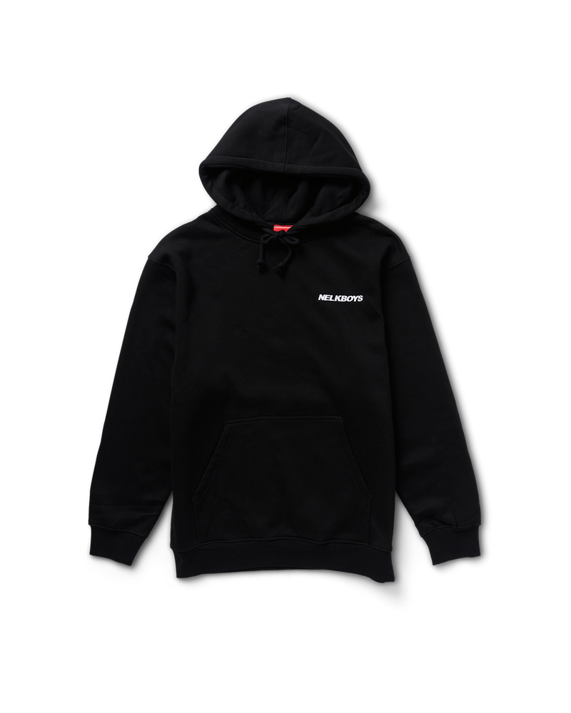 black hoodie small logo