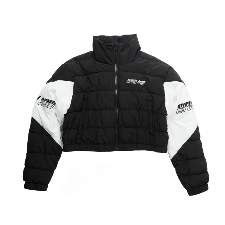 white and black puffer jacket