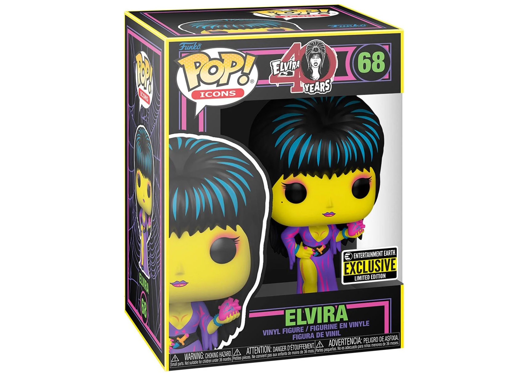 Funko Pop! Icons Black Light 40 Years of Elvira (Elvira) Entertainment  Earth Exclusive Figure #68