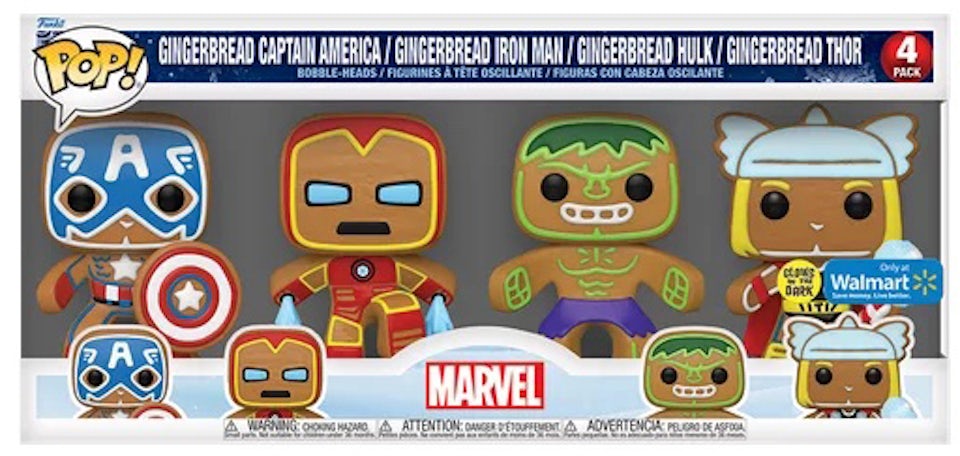 Funko Pop! Marvel Gingerbread Captain America, Gingerbread Iron Man,  Gingerbread Hulk, Gingerbread Thor Walmart Exclusive 4-Pack - US