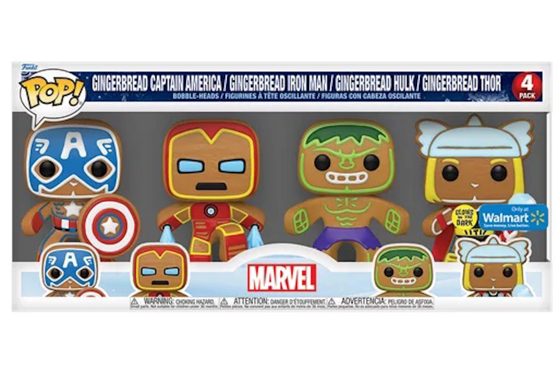 Funko Pop! Marvel Gingerbread Captain America, Gingerbread Iron Man, Gingerbread Hulk, Gingerbread Thor Walmart Exclusive 4-Pack