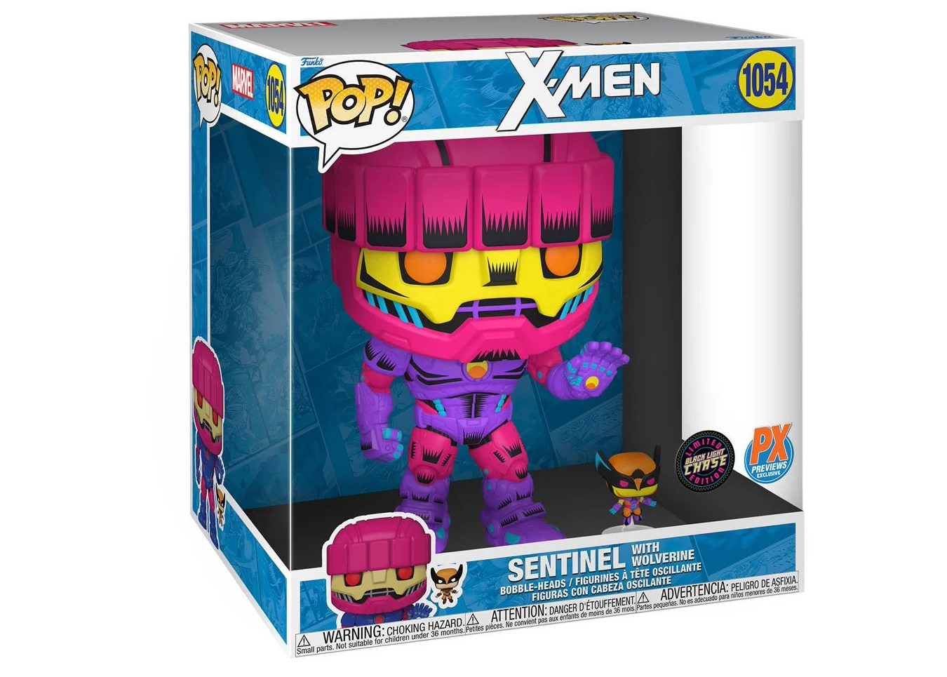 Funko Pop! Marvel X-Men Sentinel with Wolverine 10 Inch Black Light Chase  Edition PX Previews Exclusive Figure #1054