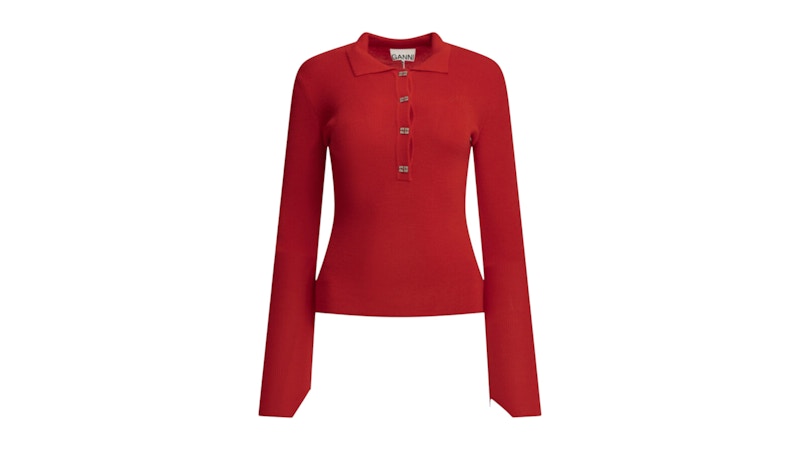 Ganni Merino Wool Polo Sweater Red