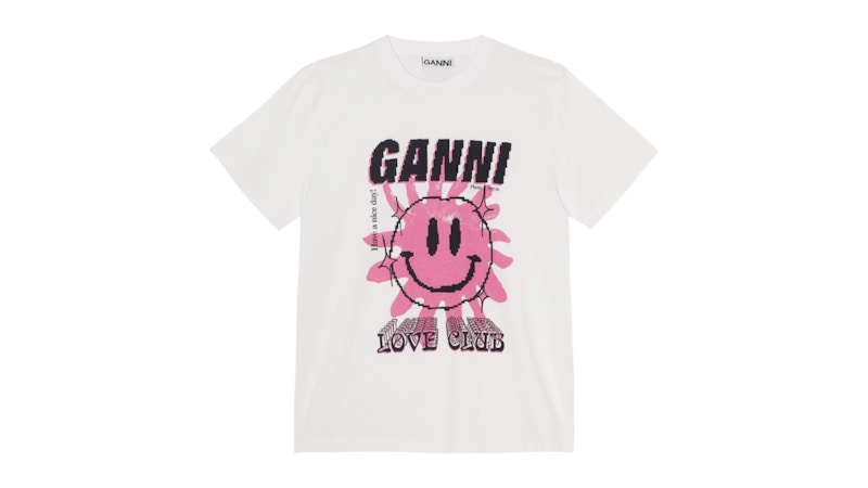 ☆【GANNI】☆(W) Ganni Love Club T-Shirt Bright White Pink☆ Ganni Womens Love Club T-shirt Bright White/Pink - US