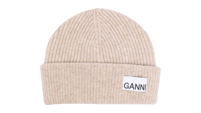 Ganni Wool Blend Ribbed-Knit Beanie Brazilian Sand