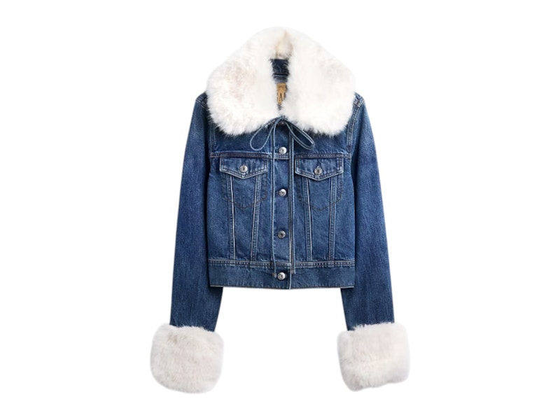 Pre-owned Gap X Sandy Liang Women's Vegan Fur Crop Denim Jacket In Starry Eye Blue