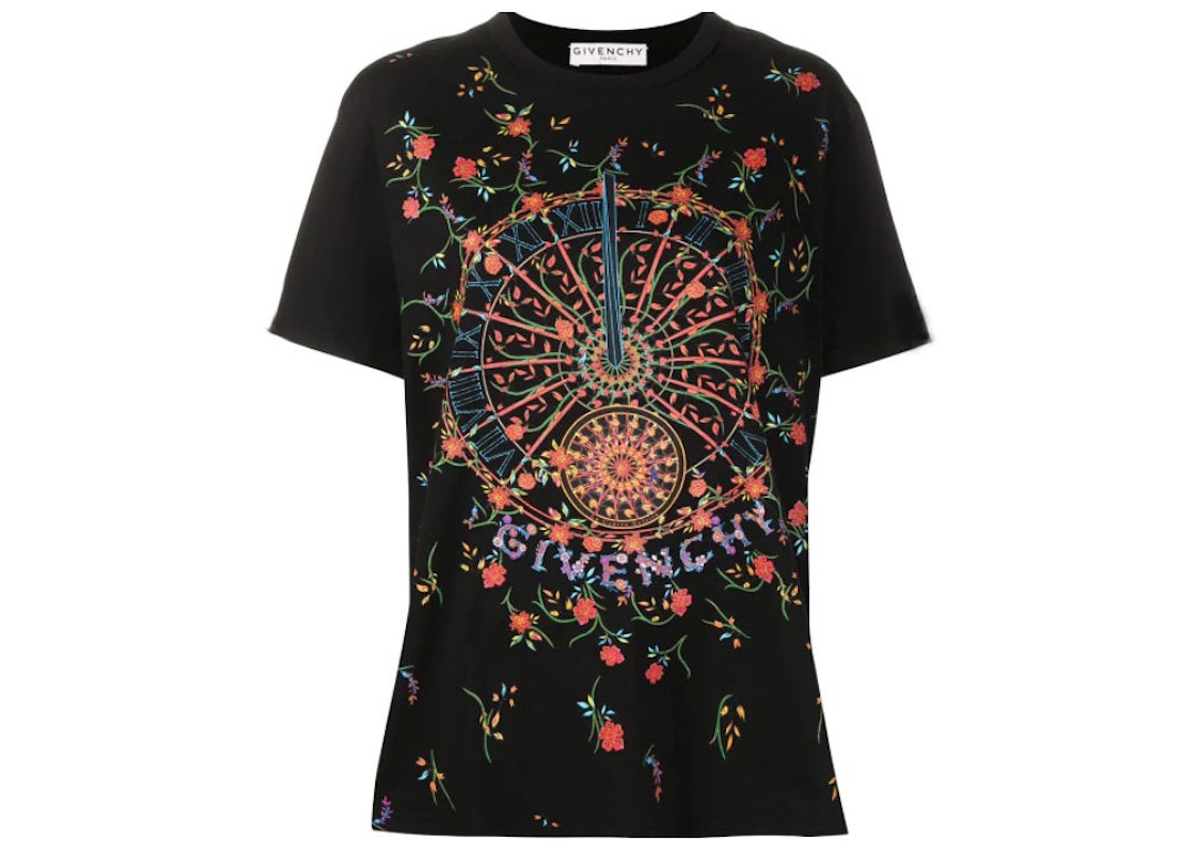 Pre-owned Givenchy Ladies Floral Clock Design T-shirt Black