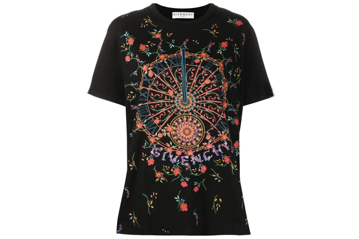 Pre-owned Givenchy Ladies Floral Clock Design T-shirt Black