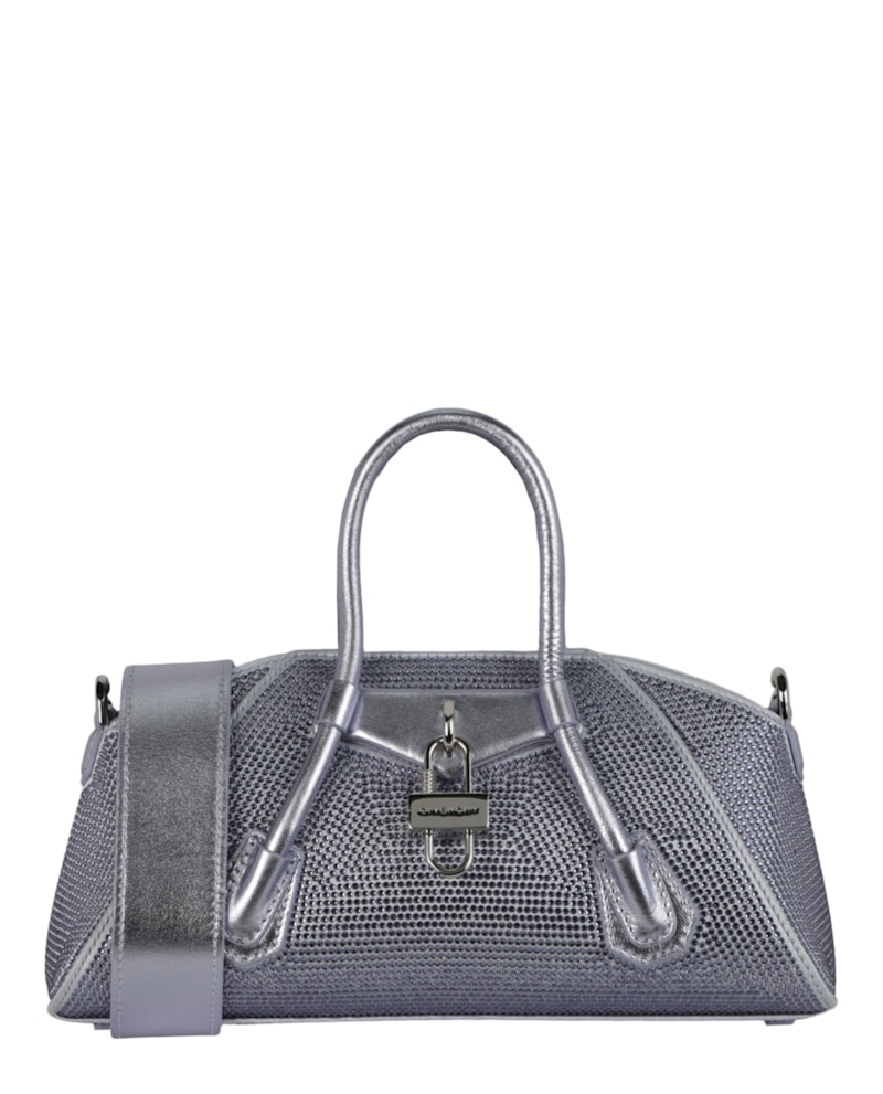 Givenchy Mini-Henkeltasche Antigona aus Satin mit elastischem Saum und Strass, Lavendel
