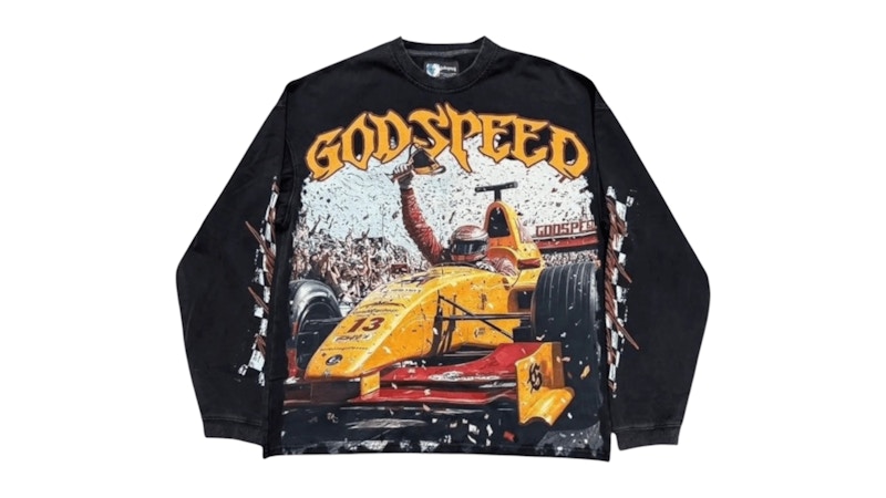 Pre-owned Godspeed Men's F1 Finishline Long Sleeve T-shirt In Black Wash