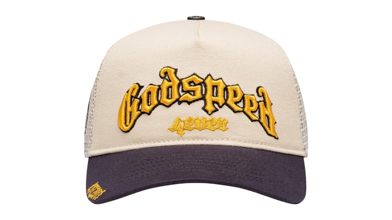 Pre-owned Godspeed Men's Forever Trucker Hat In Bone/yellow/navy Blue