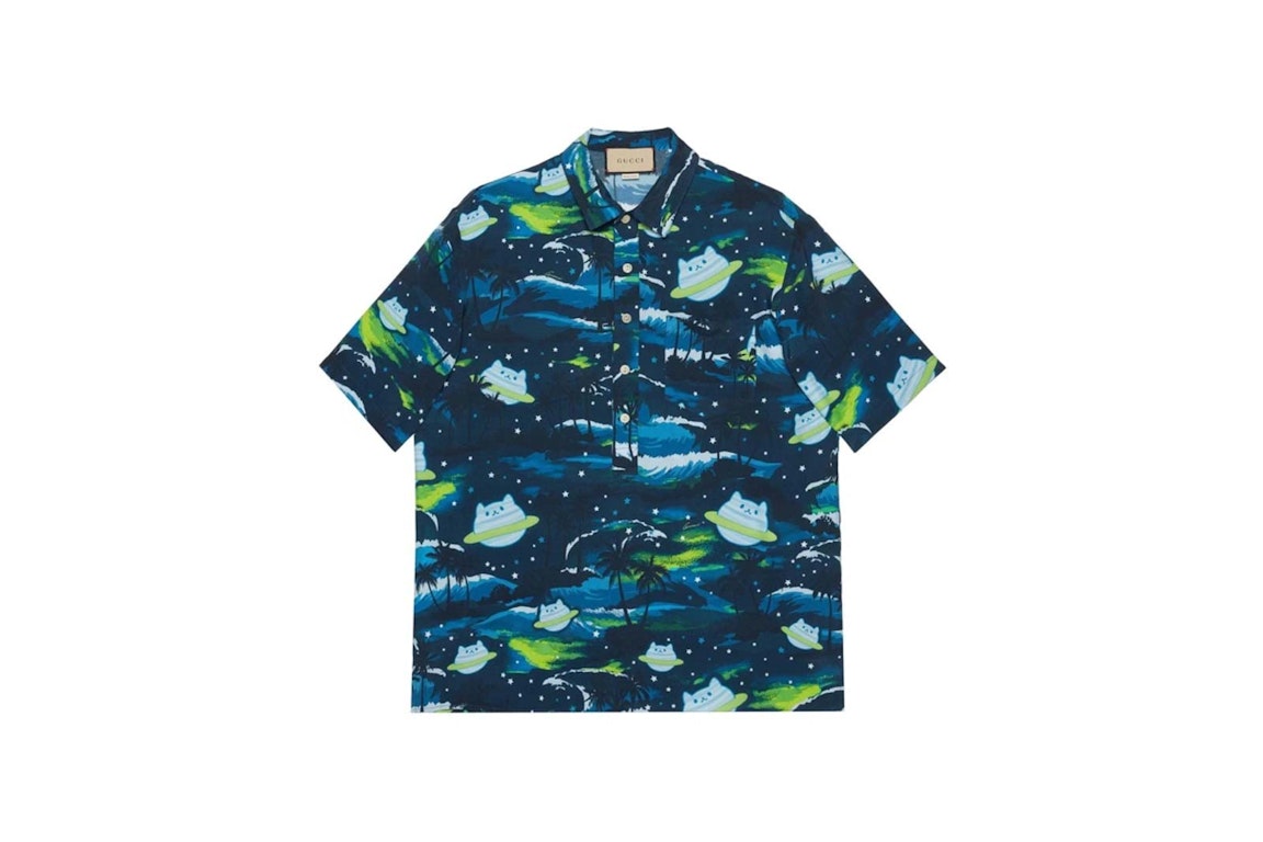 Pre-owned Gucci Abstract-print Short-sleeved Shirt Blue