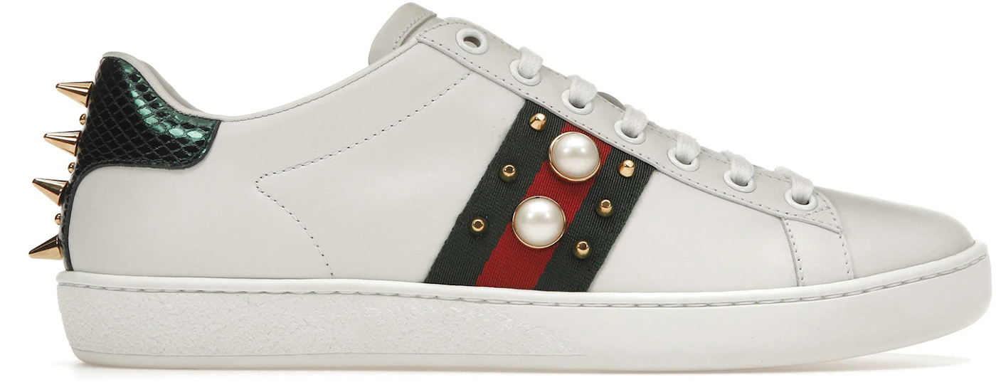Gucci Women's Ace studded pearl and metal spike on gold light leather  sneaker