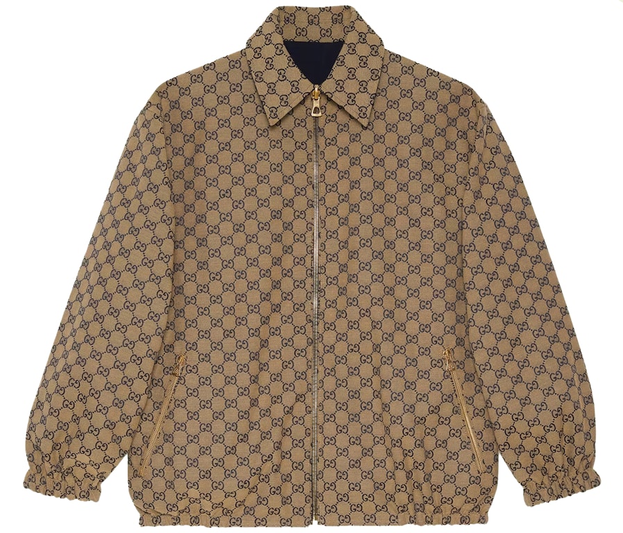 Pre-owned Gucci All Over Gg Harrington Reversable Jacket Beige Navy