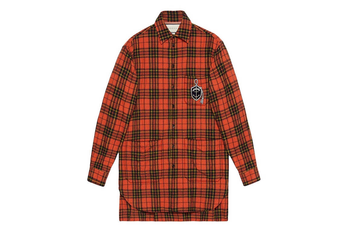 Pre-owned Gucci Anchor Oversize Check Wool Shirt Orange