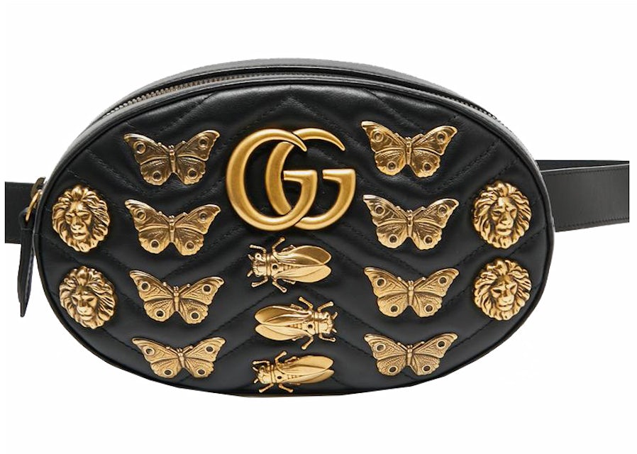 Gucci Animal Studs GG Marmont Belt Bag Black in Calfskin Leather with  Gold-tone - US