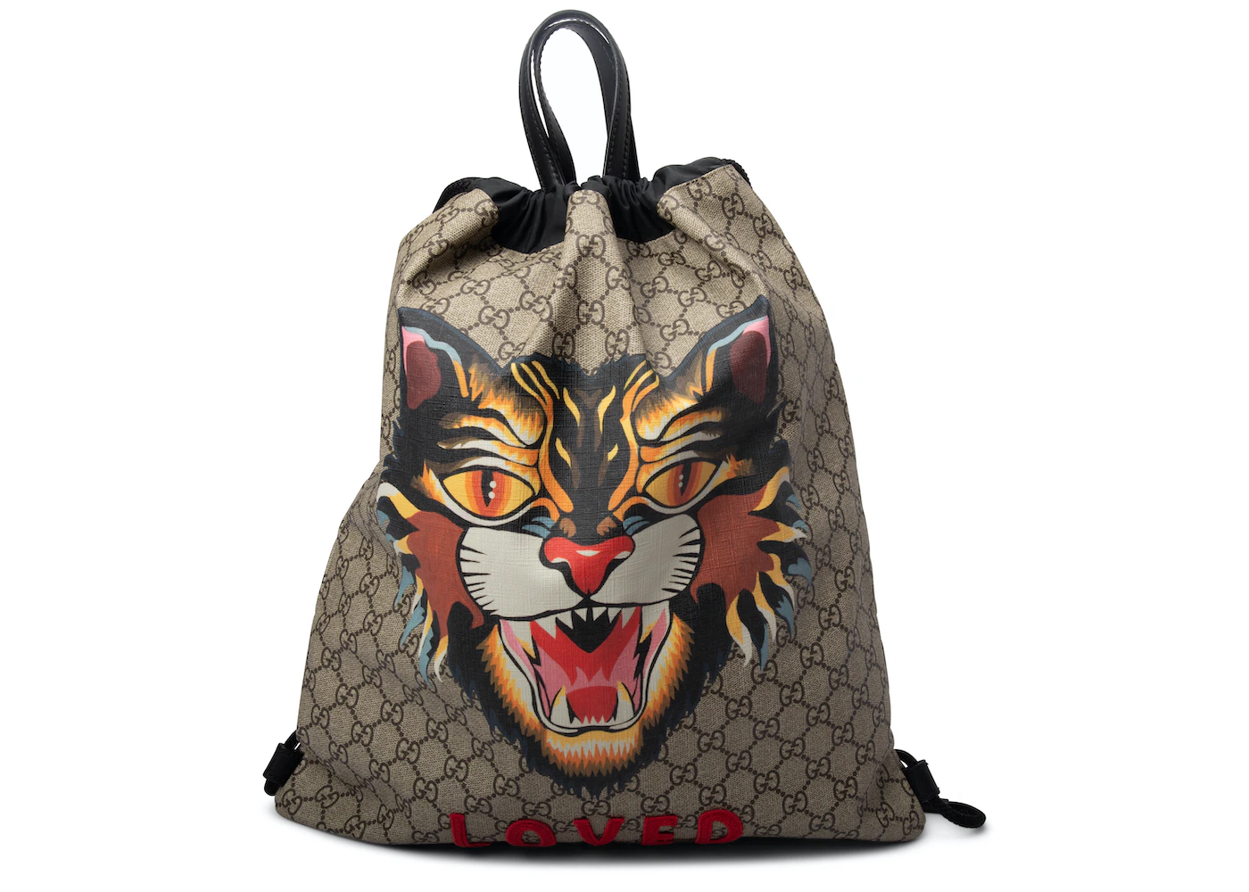 GG Supreme Soft Drawstring Backpack Angry Cat Beige/Black - ES