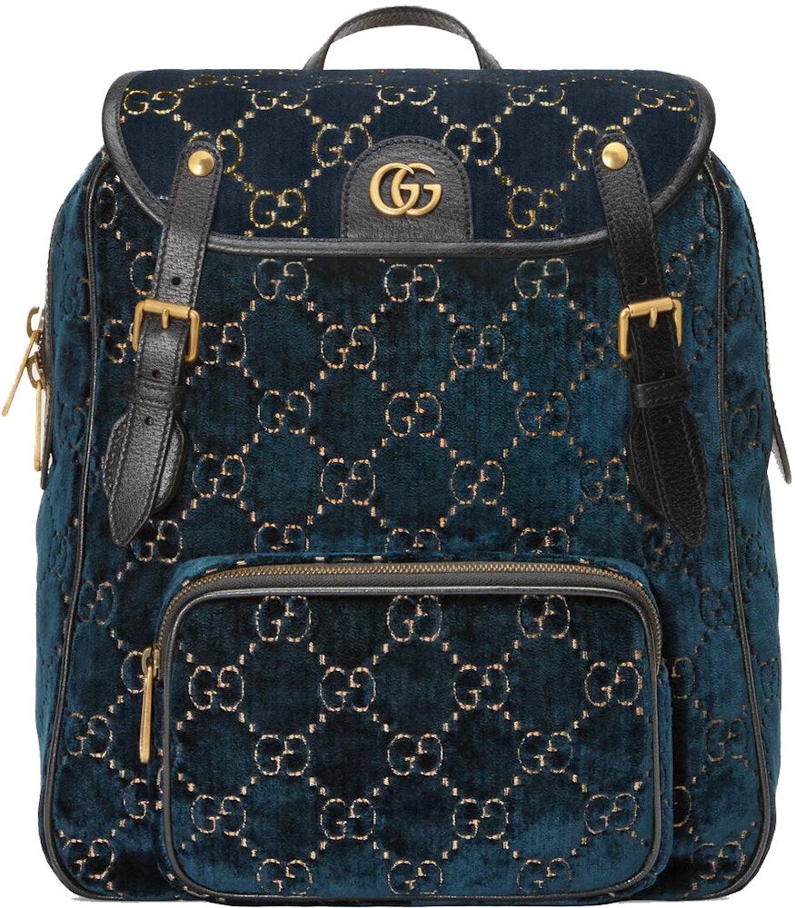væske Hændelse, begivenhed bevæge sig Gucci Backpack GG Velvet Small Dark Blue in Velvet with Antique Gold-tone