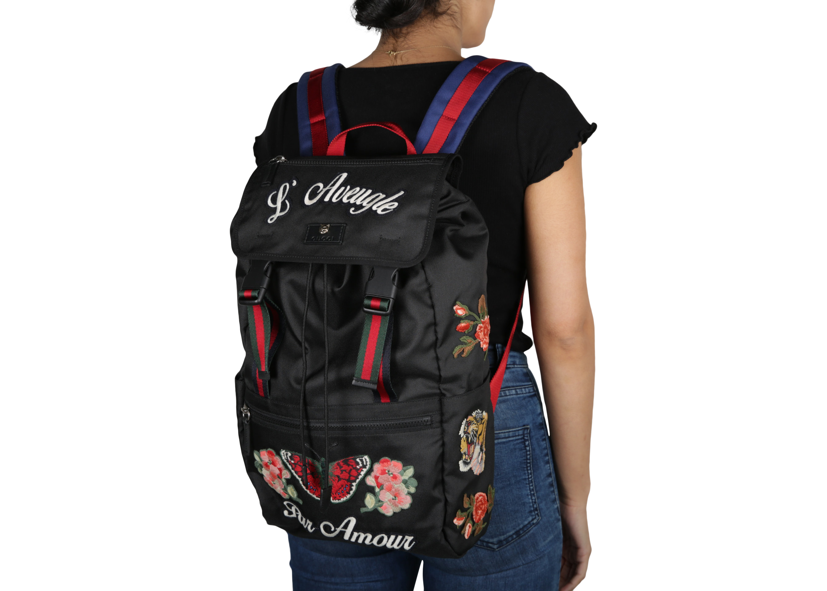 Gucci Backpack L Aveugle Par Amour Embroidered Web Strap Black in