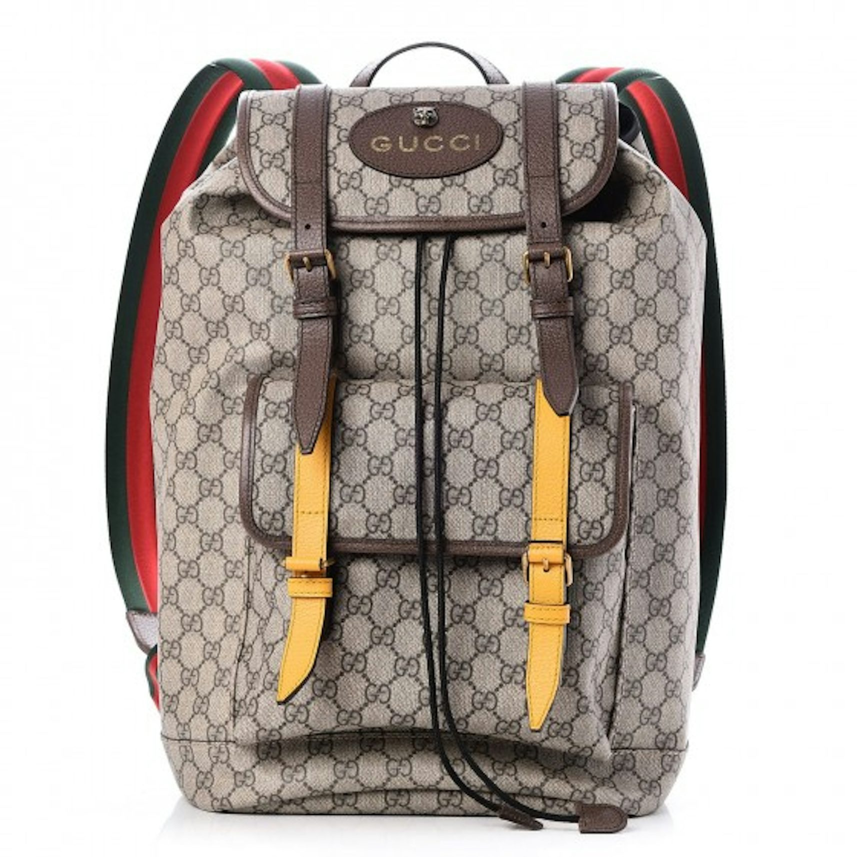Gucci Soft Backpack GG Supreme Web Straps Brown Yellow in Coated Canvas/Leather  with Brass - US