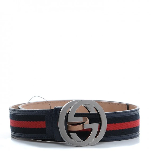 Gucci Interlocking G Belt Web Navy Blue/Red in Calfskin Leather/Canvas with