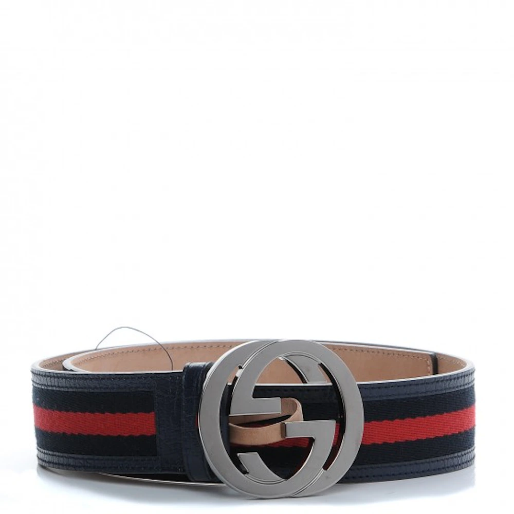 Gucci Interlocking G Belt Web Navy Blue/Red in Calfskin Leather/Canvas with  Silver-Tone - US