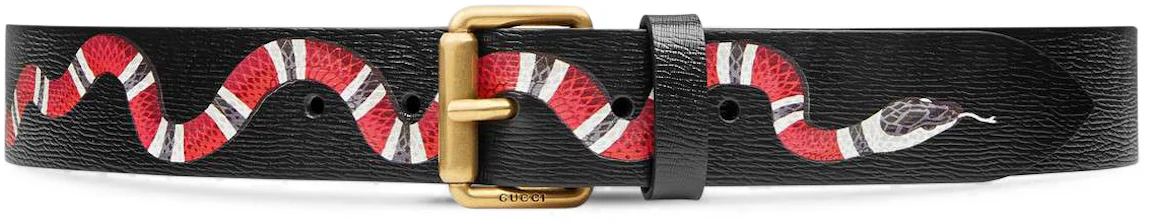 Gucci Belt Kingsnake 1.5W Black in Textured Leather with Antique Brass - US
