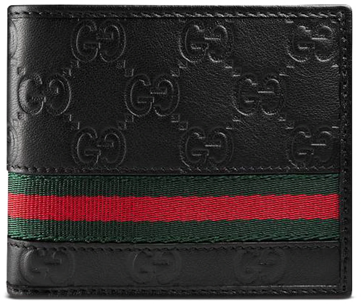 Gucci Black Calfskin Leather w/ Red & Green Web Stripe Tab Mini Bifold  Wallet