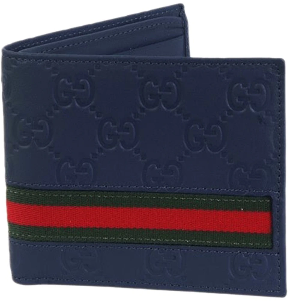Gucci, Bags, Gucci Authentic Bifold Wallet Navy Blue Leather Blue Red  Stripe Gg Embossed