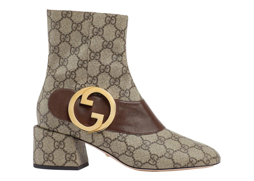 Pre-owned Gucci Blondie Ankle Boot Beige Gg Canvas In Beige/ebony/brown