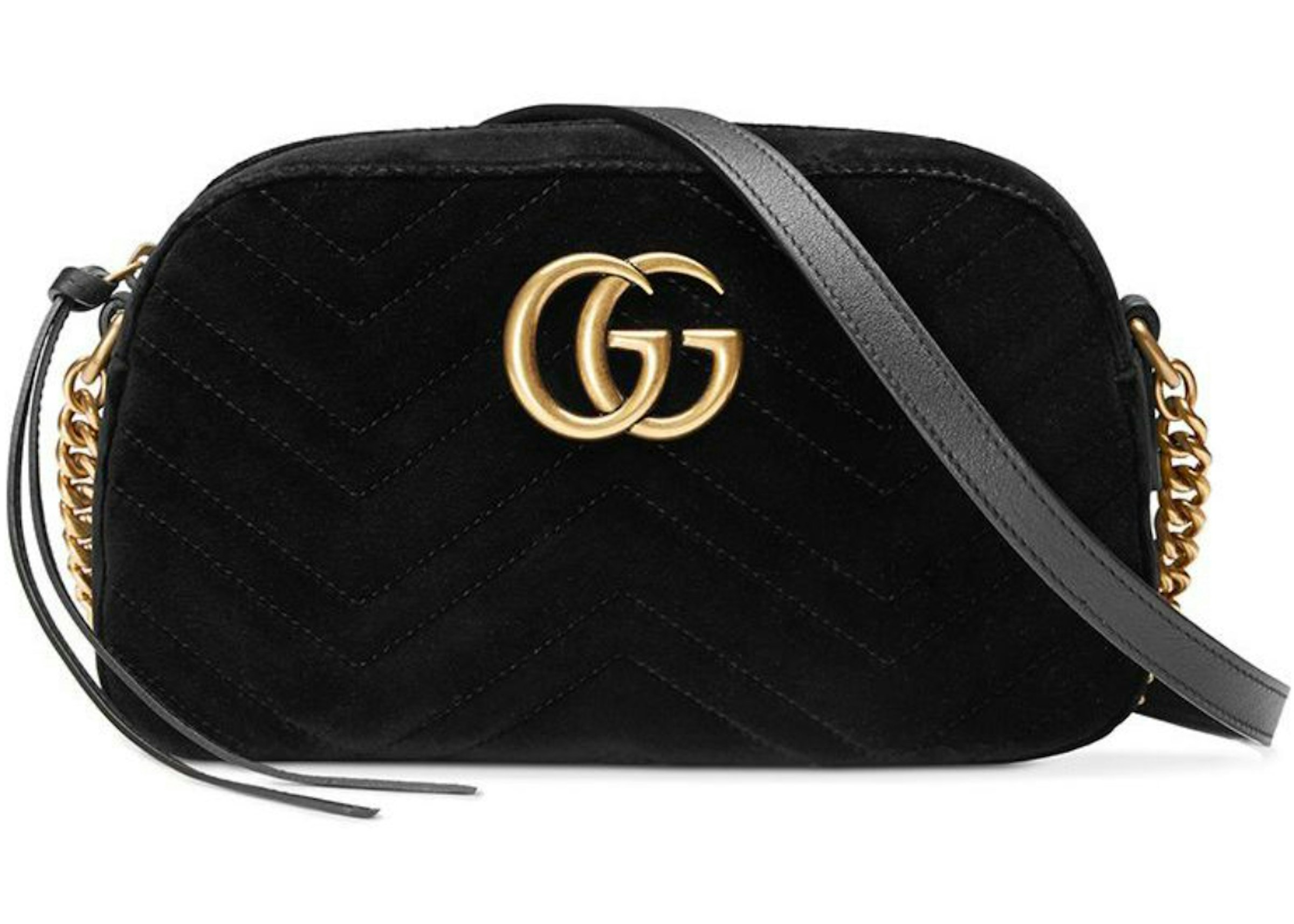 saint unit Bless Gucci Camera Bag GG Marmont Velvet Small Black in Velvet with Antique  Gold-tone - US