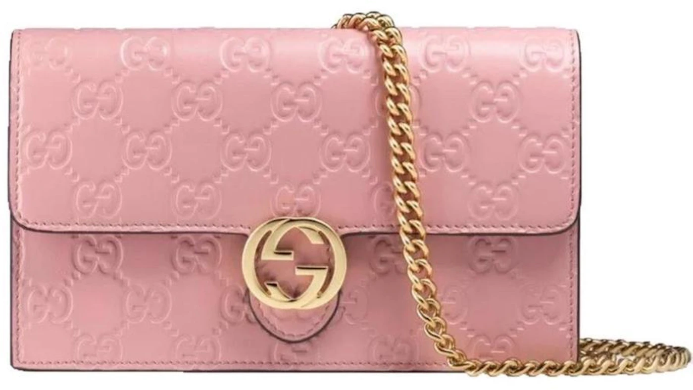 Gucci Pink Guccissima Leather Signature Wrist Wallet on Chain Pochette Bag