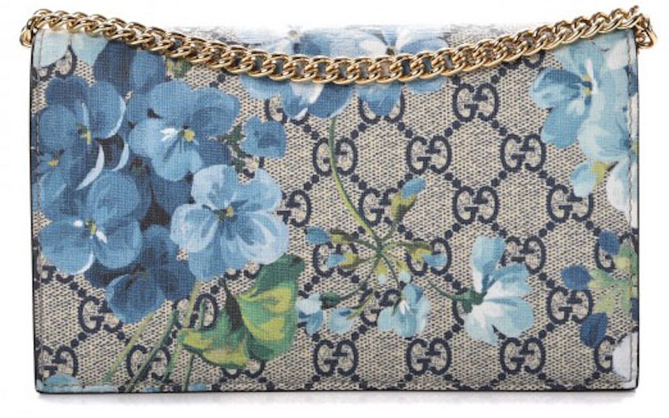 Gucci Chain Wallet GG Supreme Blooms Mini Blue in Canvas with Gold