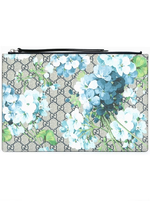 Gucci Clutch Blue Blooms Large Beige Ebony in Canvas with Silver