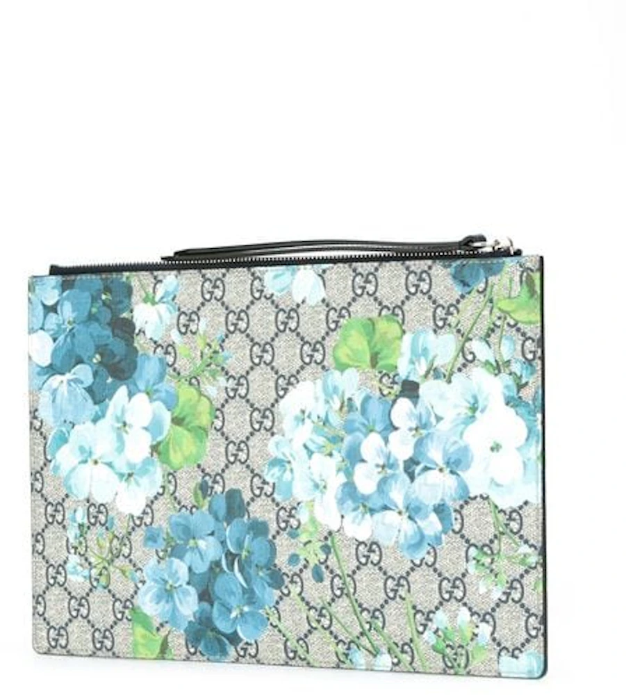 Gucci Clutch Blue Blooms Large Beige/Ebony in Canvas with Silver