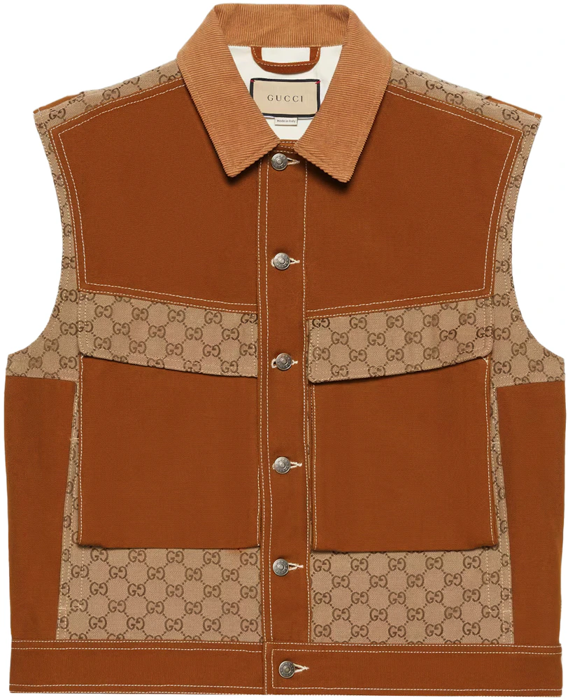 GG cotton canvas padded gilet in camel and ebony