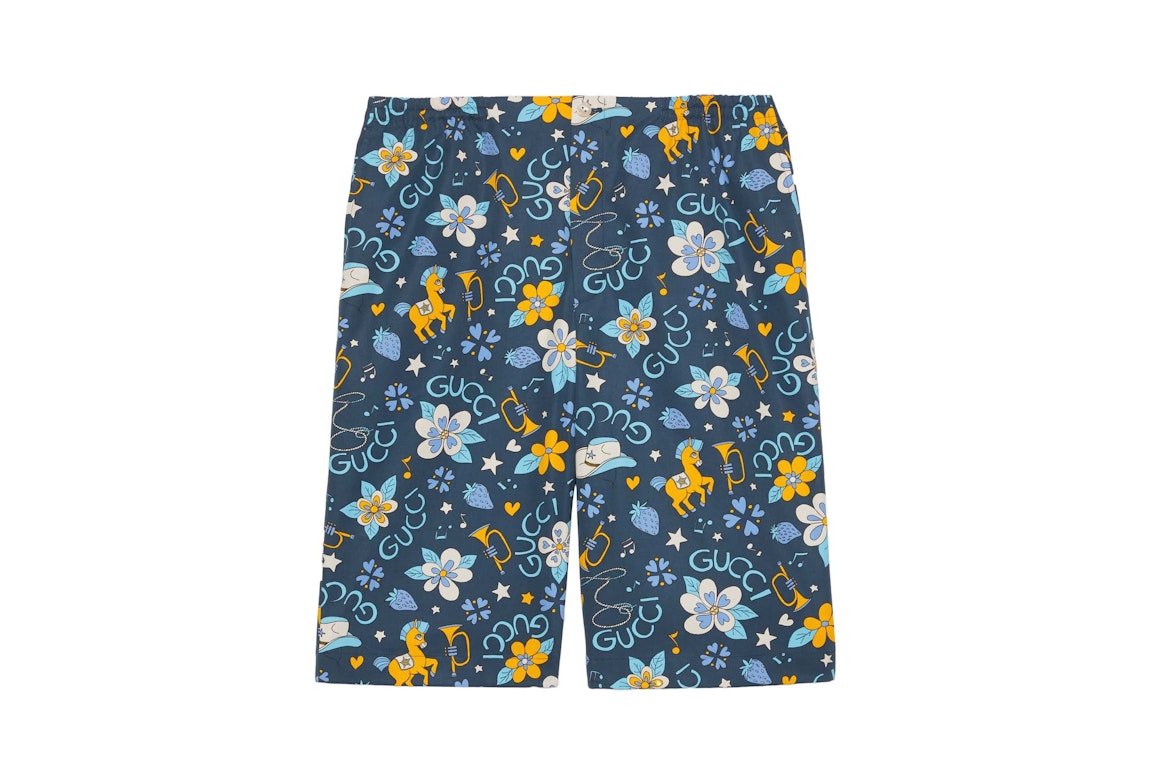 Pre-owned Gucci Cotton Flower And Pony Print Shorts Blue Multi