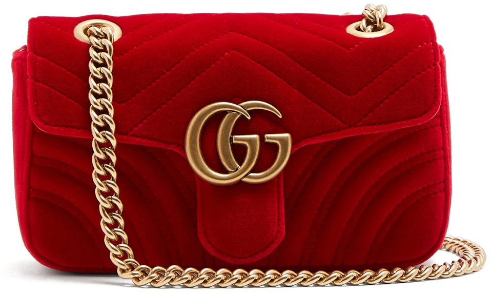 Gucci GG Marmont Bag Matelasse Velvet Hibiscus Red in Velvet with Antique Gold-tone