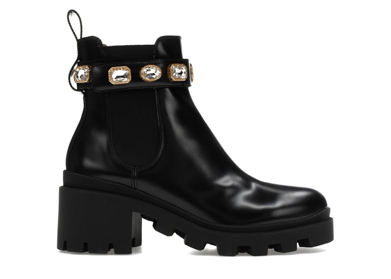 Pre-owned Gucci Women's  Crystal Belt 60mm Ankle Boot Leather Sneakers In Black/gold In Multi