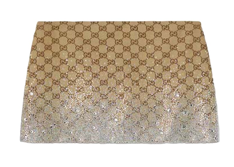 Pre-owned Gucci Women's Crystals Embroidered Gg Canvas Mini Skirt In Camel/brown