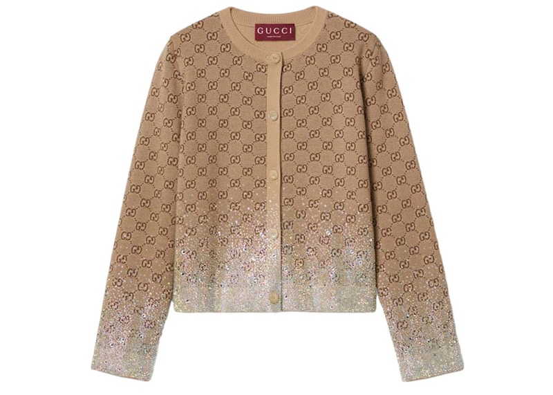 Gucci Crystals Embroidered Wool GG Jacquard Cardigan Beige Gucci Crystals Embroidered Wool GG Jacquard Cardigan Beige