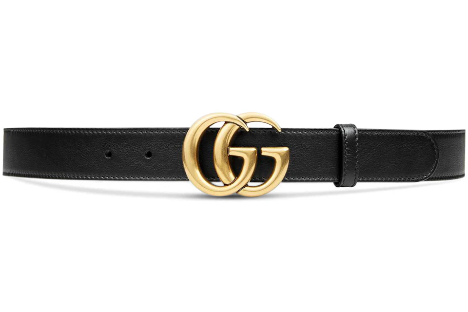 Gucci Double G Brass Buckle Leather Belt Antique Brass Buckle 1 Width Black