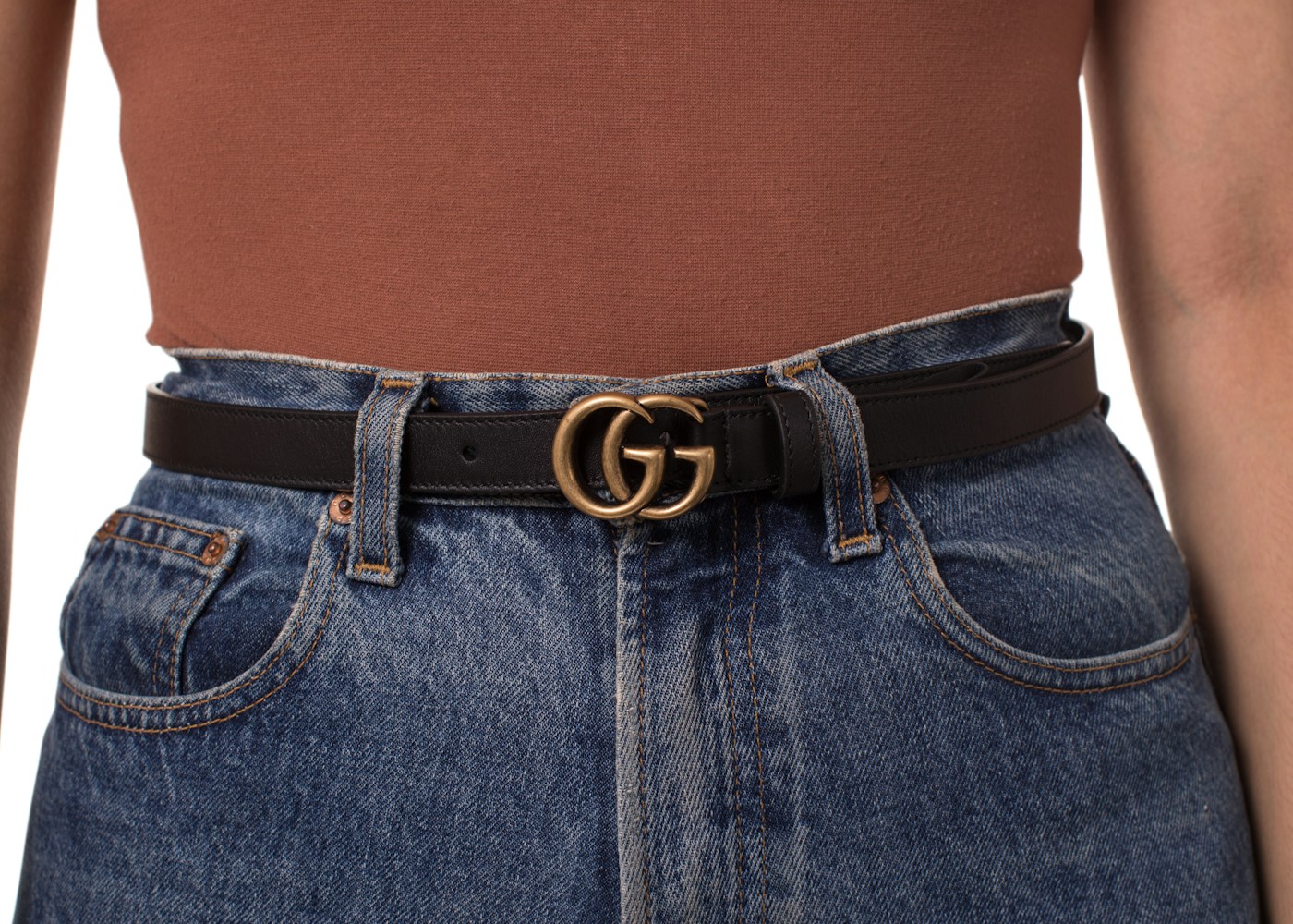 Gucci Double G Antique Brass Buckle Leather Belt 0.8 Width Black in ...